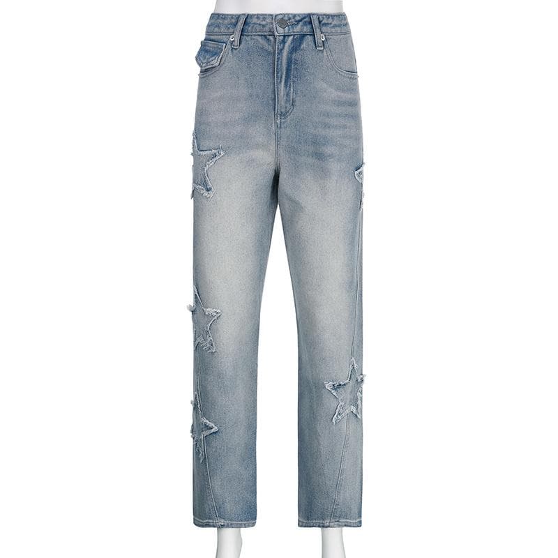 Star patchwork raw hem irregular medium rise jeans