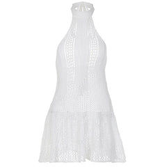 Crochet solid backless sleeveless halter self tie mini dress