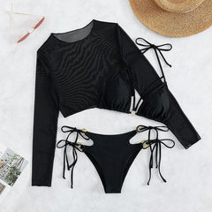 Mesh long sleeve o ring halter solid self tie 3 piece swimwear