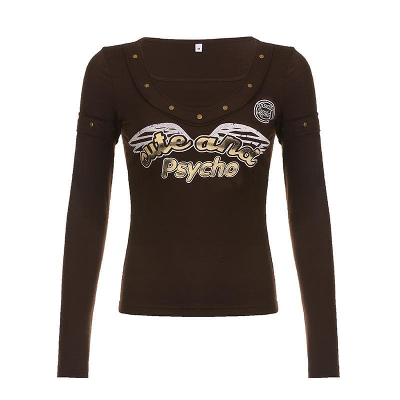 Beaded "Psycho" pattern long sleeve contrast top