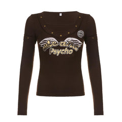 Beaded "Psycho" pattern long sleeve contrast top