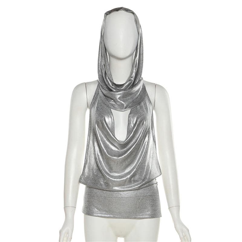 Rückenfreies Hoodie-Oberteil mit Wasserfallausschnitt und gerüschter Metallkette