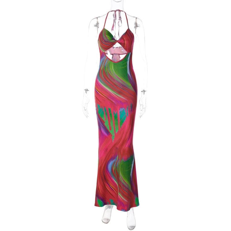 Contrast print halter hollow out knotted backless maxi dress