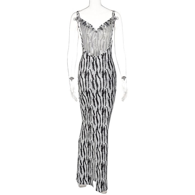 Zebra print contrast cowl neck backless slit low cut midi dress