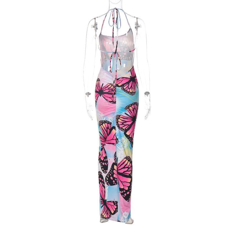 Butterfly pattern ruched backless halter contrast maxi dress