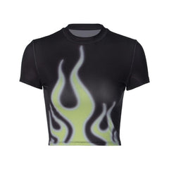 Flame pattern contrast short sleeve crewneck crop top