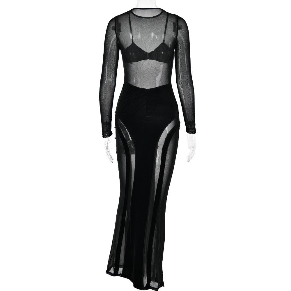 Mesh patchwork velvet solid long sleeve maxi dress