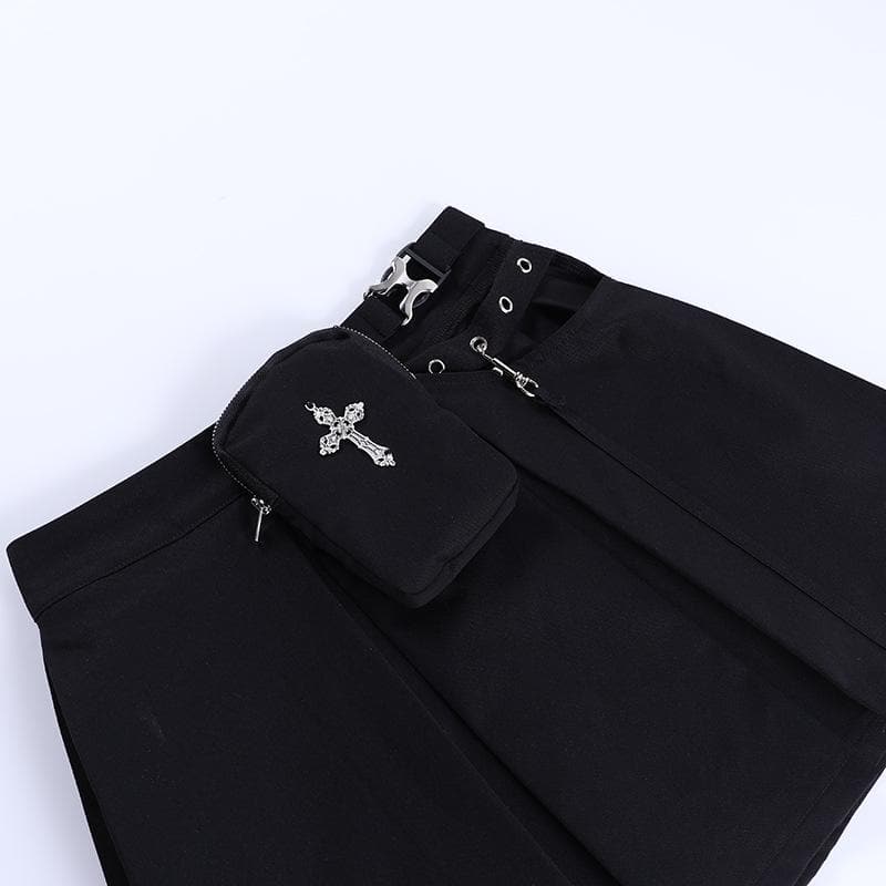 Pocket irregular pleated solid buckle zip-up mini skirt