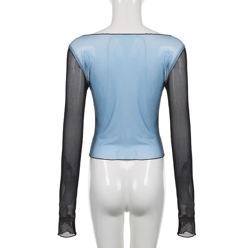 Hollow out contrast sheer mesh long sleeve see through top