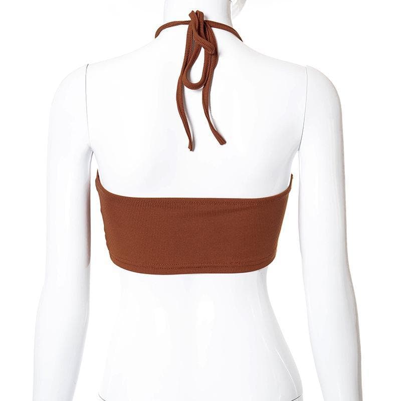 Geripptes Neckholder-Crop-Top mit Hohlsaum und Rüschen 