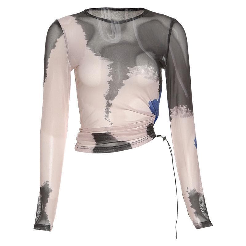 Round neck long sleeve mesh see through tie dye top