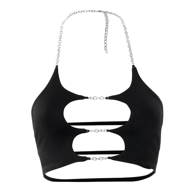 Metal chain hollow out solid crop halter top