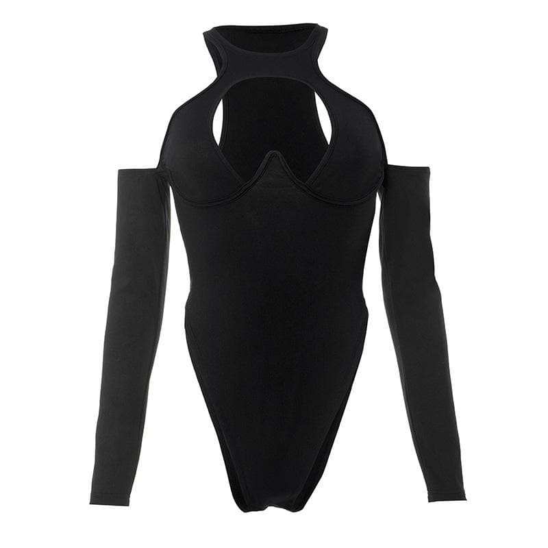 Hollow out long sleeve button crewneck solid bodysuit