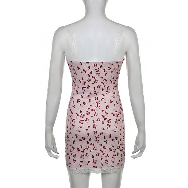 Cherry print contrast lace hem v neck sleeveless mini dress