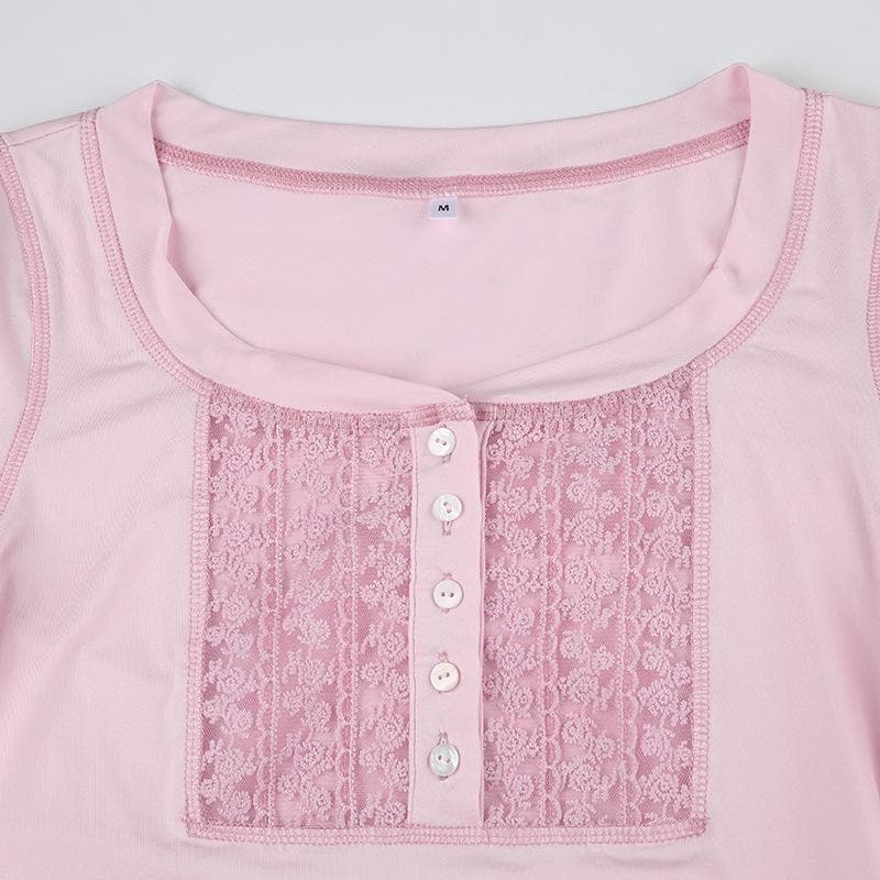 Blusa de manga larga con cuello en U y botones de patchwork de encaje 