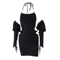 Hollow out solid halter metal chain gloves backless self tie mini dress - Final Sale