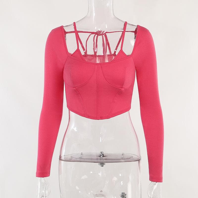 Einfarbiges, langärmliges, rückenfreies Bustier-Crop-Top zum Selbstbinden 