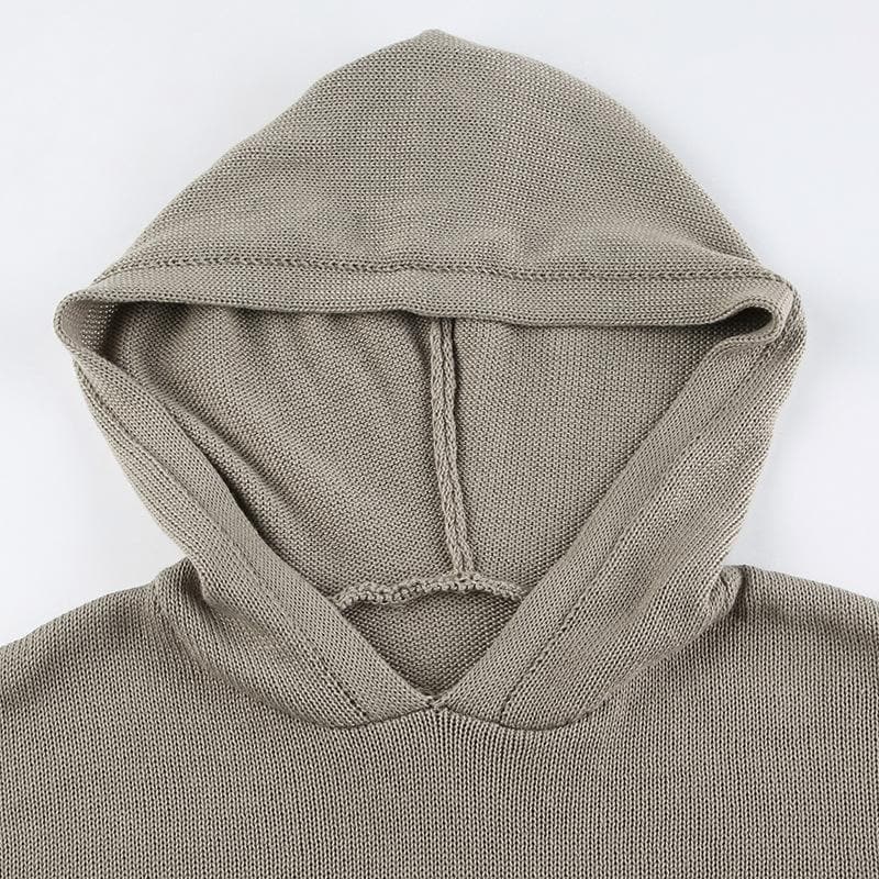 Knitted solid pocket long sleeve hoodie top