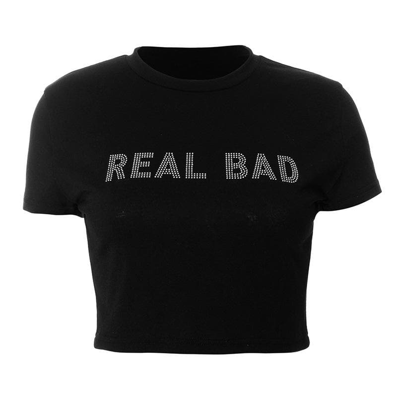 Kurzärmliges Crop-Top „REAL BAD“ mit Perlenbesatz und Rundhalsausschnitt