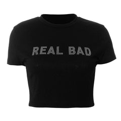 Top corto con cuello redondo, manga corta y cuentas "REAL BAD"