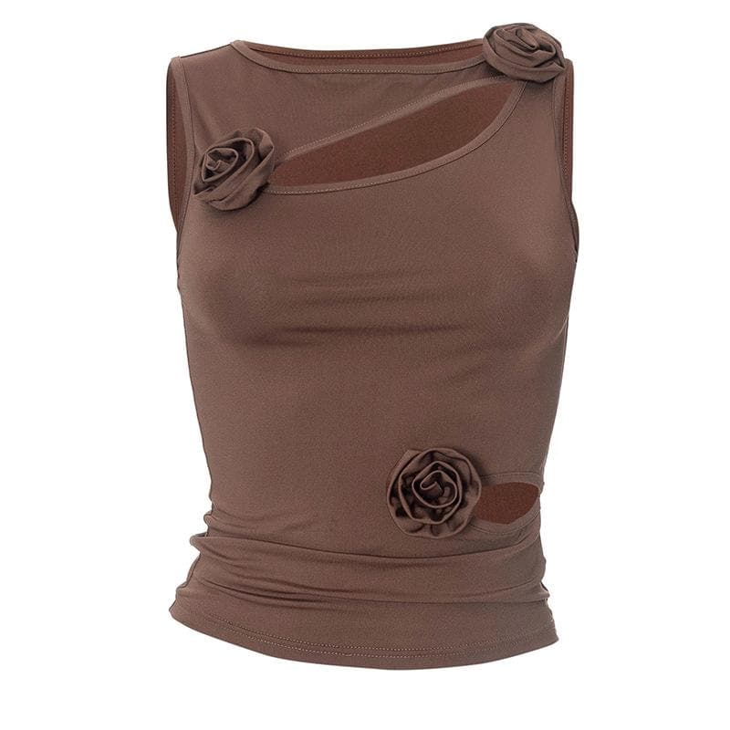 Hollow out crewneck sleeveless flower applique solid top - Final Sale