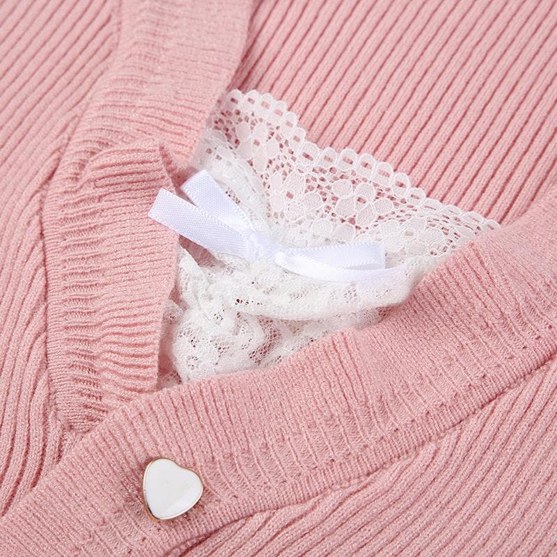 Knitted ruffle long sleeve button lace hem contrast top