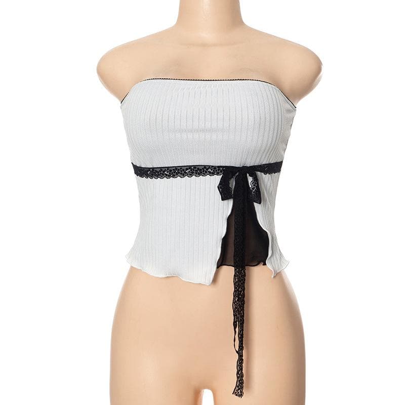 Rückenfreies Tube-Top mit Rüschen, geripptem Patchwork-Schlitz und Spitzensaum 