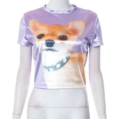 Dog pattern contrast short sleeve crewneck crop top