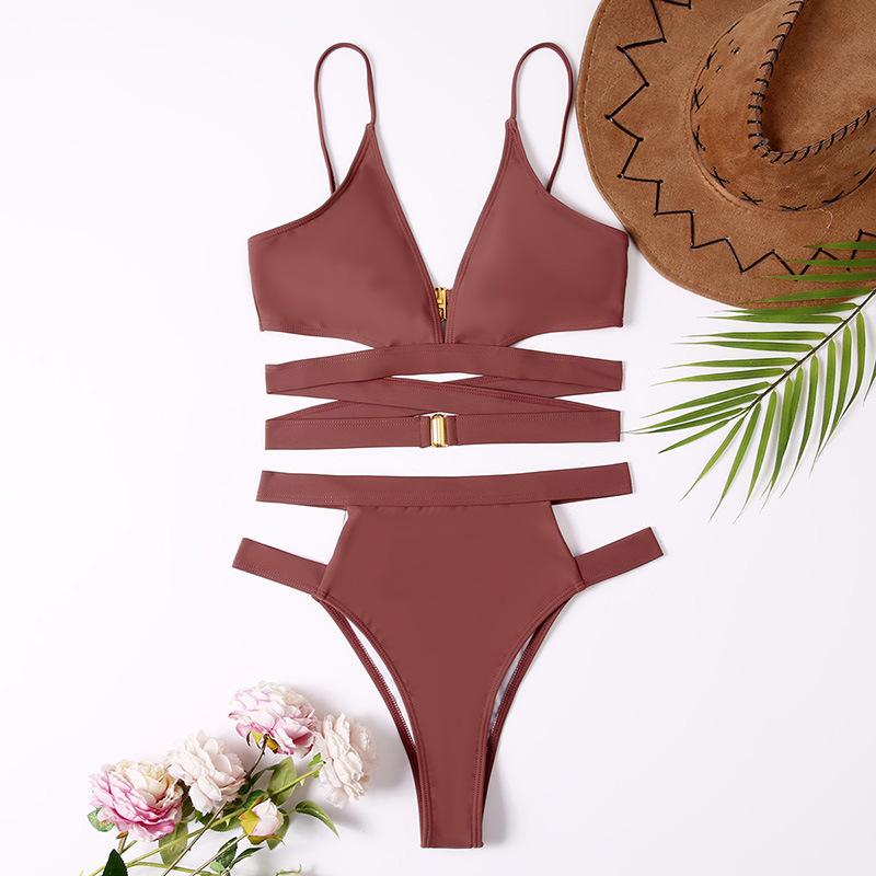 Cross back solid button v neck hollow out bikini swimwear