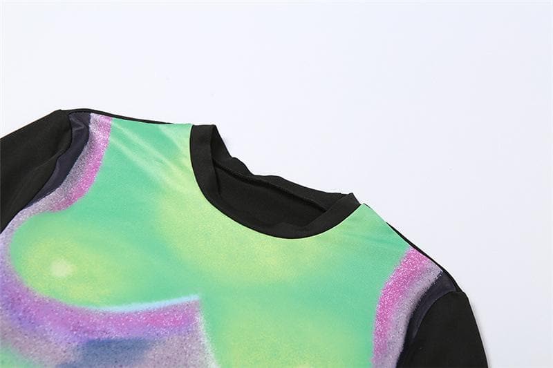 Long sleeve contrast abstract print crewneck crop top