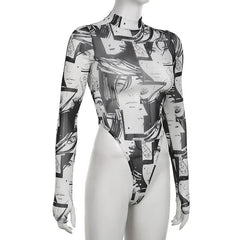 High neck gloves long sleeve sheer mesh see through abstract top