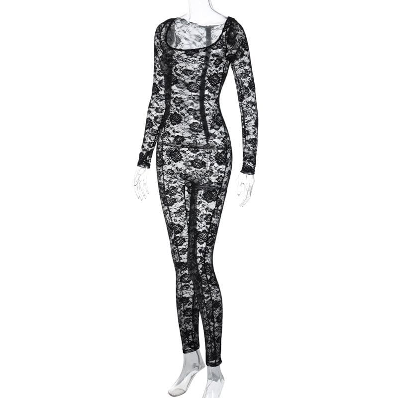 Einfarbiger, langärmliger, durchsichtiger Jumpsuit mit Rundhalsausschnitt und Reißverschluss aus Spitze 