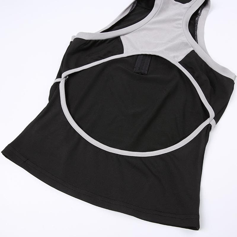 High neck contrast sleeveless zip-up hollow out backless top