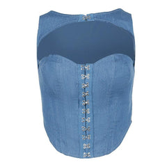 Hollow out button sleeveless corset low cut denim top