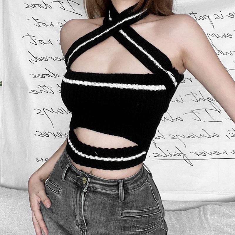 Knitted cross front halter contrast backless hollow out crop top