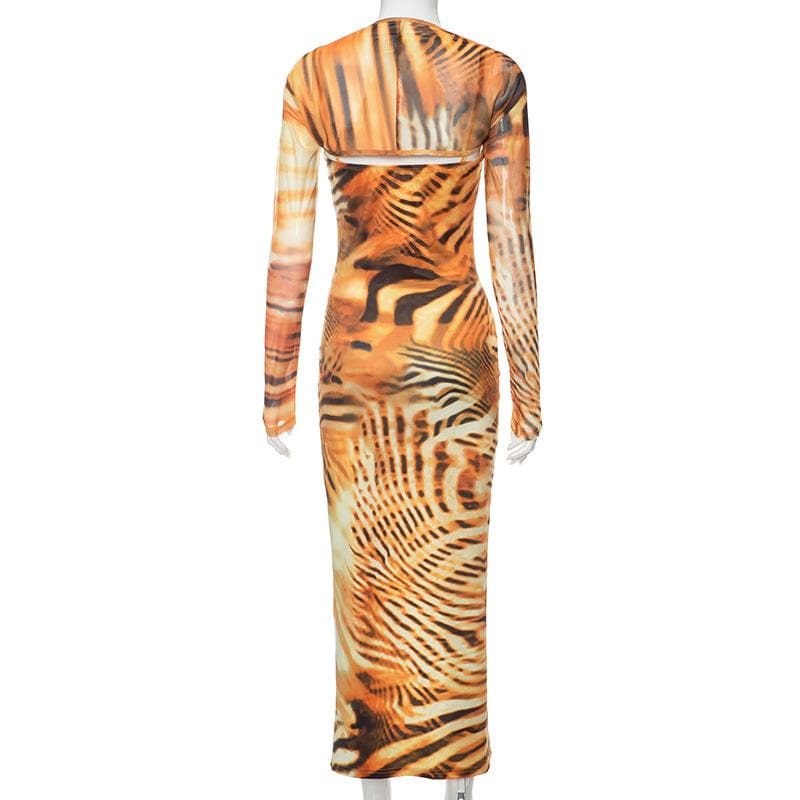 Langärmliges Shrug-Midikleid mit Tiger-Print und kontrastierendem Schlitz 