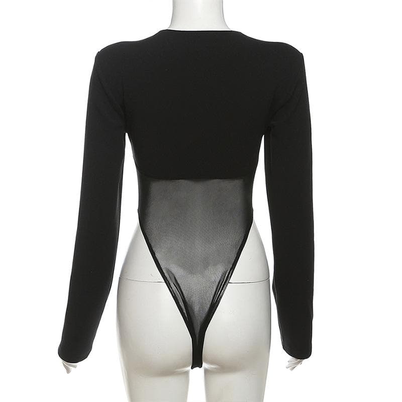 Langärmliger Bodysuit aus Mesh-Patchwork mit Metalletiketten 