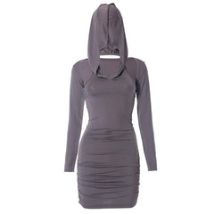 Hoodie ruched shrug long sleeve solid mini dress