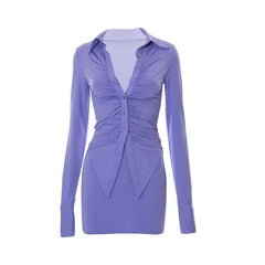 Turnover collar ruched button long sleeve solid mini skirt set