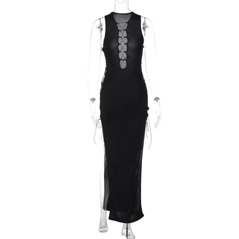 Hollow out sleeveless lace up slit solid maxi dress