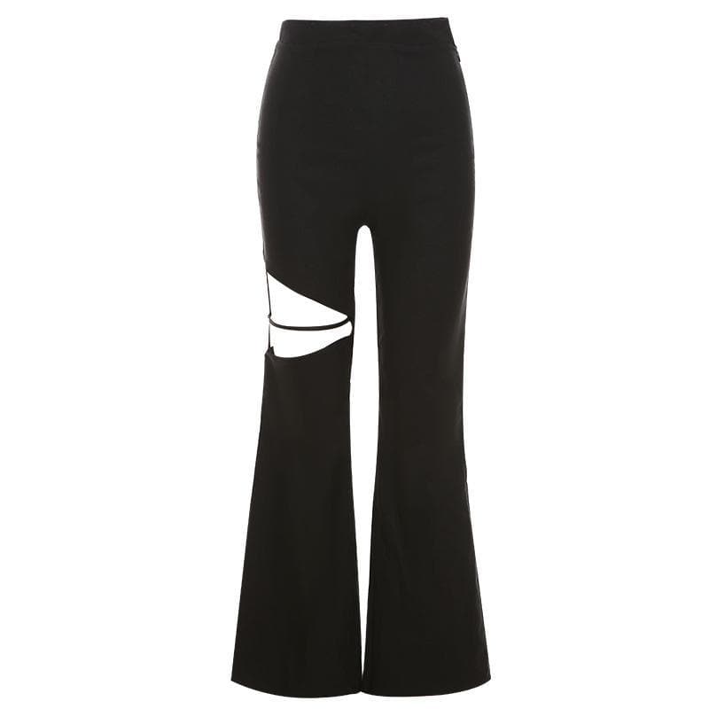 Zip up hollow out flared solid pant