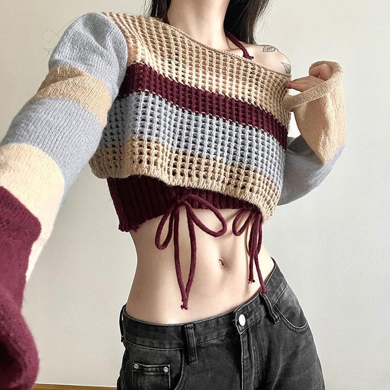 Crochet contrast long sleeve self tie halter 2 piece crop top