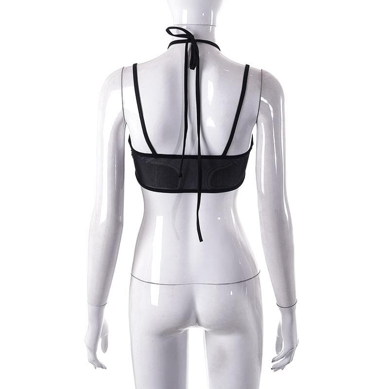 Mesh halter o ring solid hollow out backless patchwork crop top