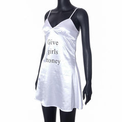 V neck "Give girls money" pattern backless cami mini dress