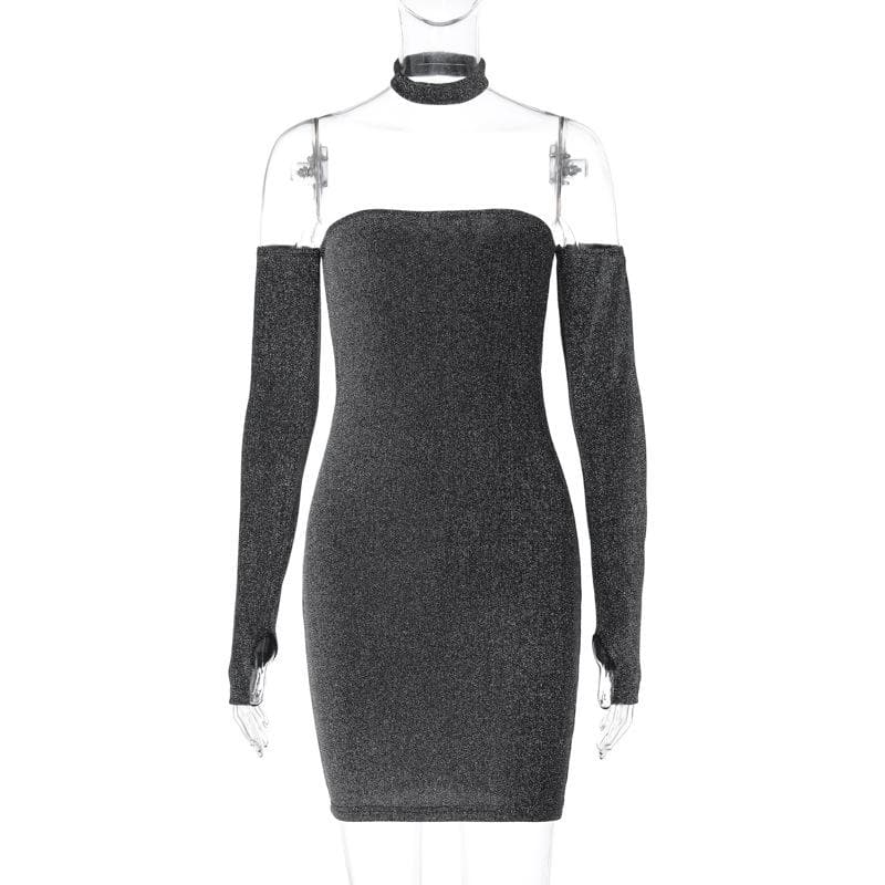 Textured gloves off shoulder long sleeve backless mini dress