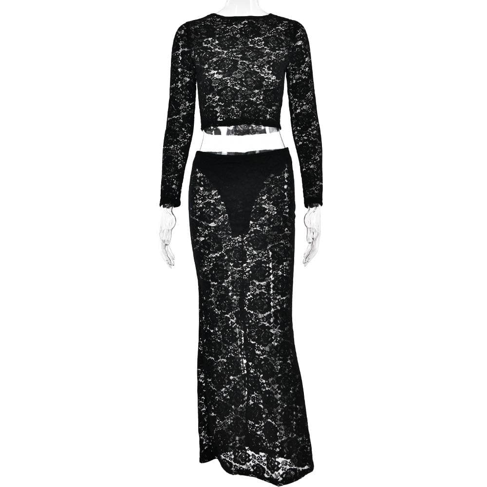 Lace long sleeve solid see through slit maxi skirt set