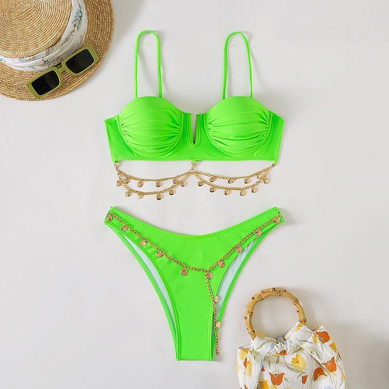 Metal chain solid ruched padded bikini swimwear