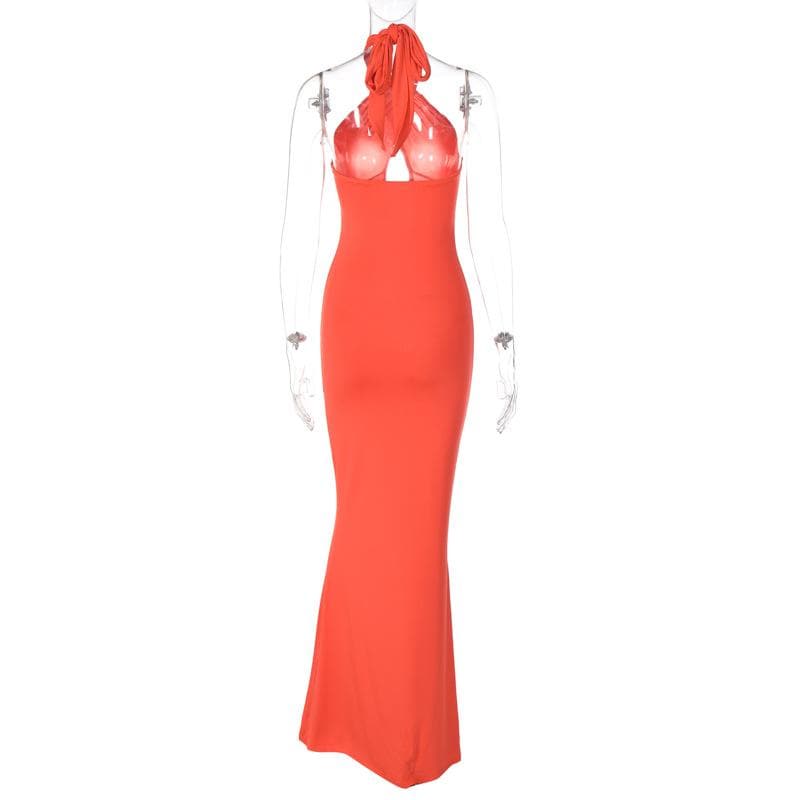 Cross front solid hollow out halter backless 2-way maxi dress