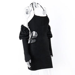 Hollow out solid halter metal chain gloves backless self tie mini dress - Final Sale