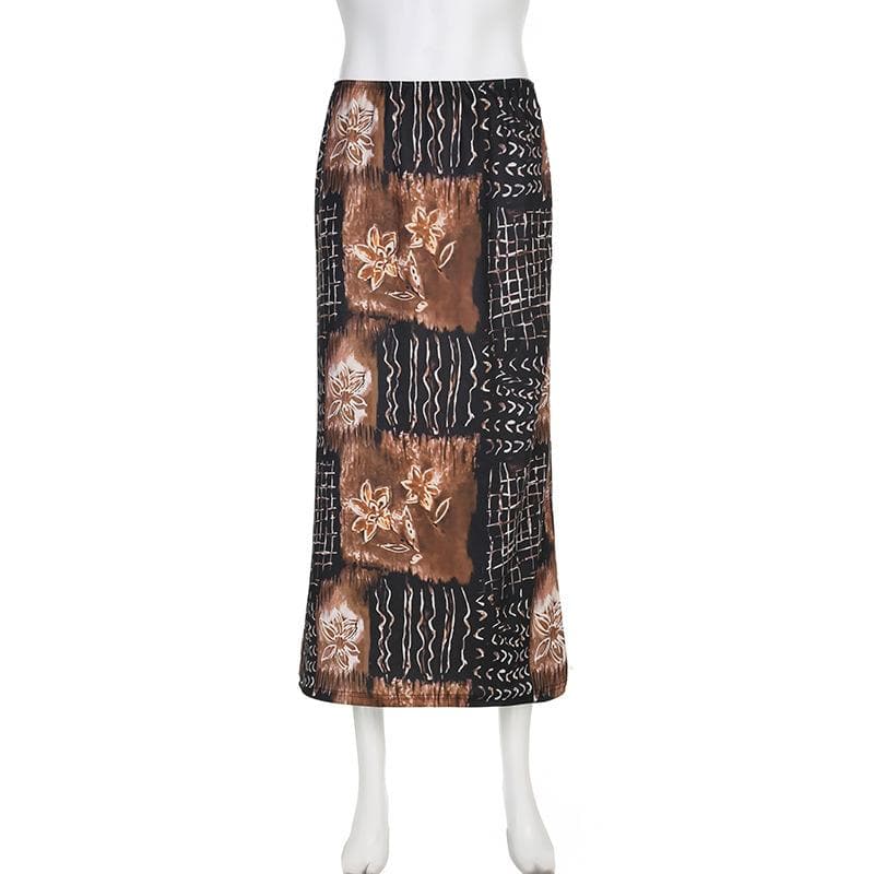 Flower print contrast mesh high neck midi skirt